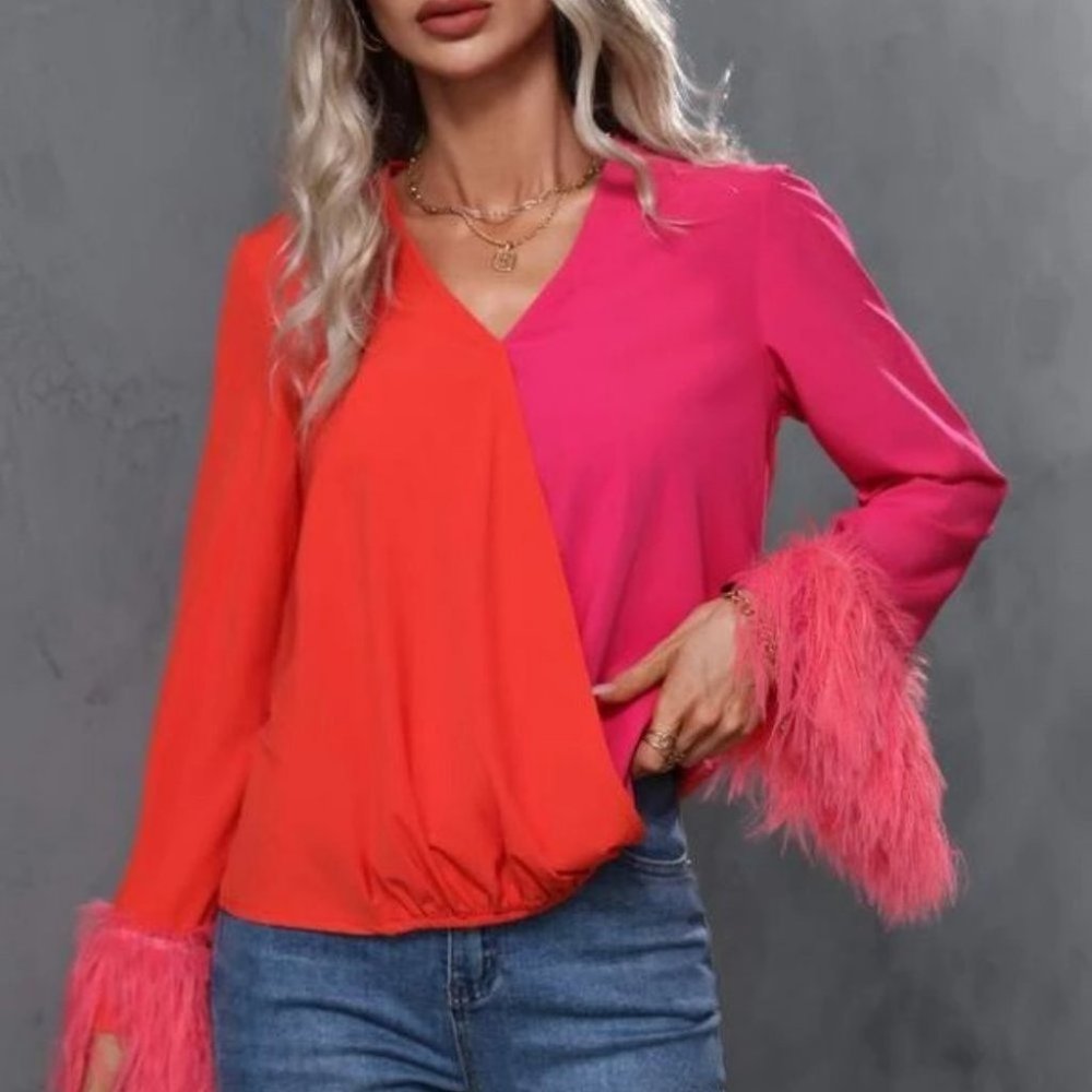 top trends colorblock blouse with faux furry fuzzy cuffs - Picture 9 of 9